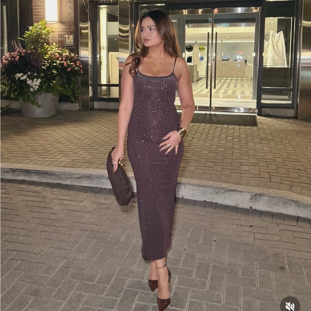 Zara nwt Elegant Brown Studded midi Dress fitted bodycon evening party